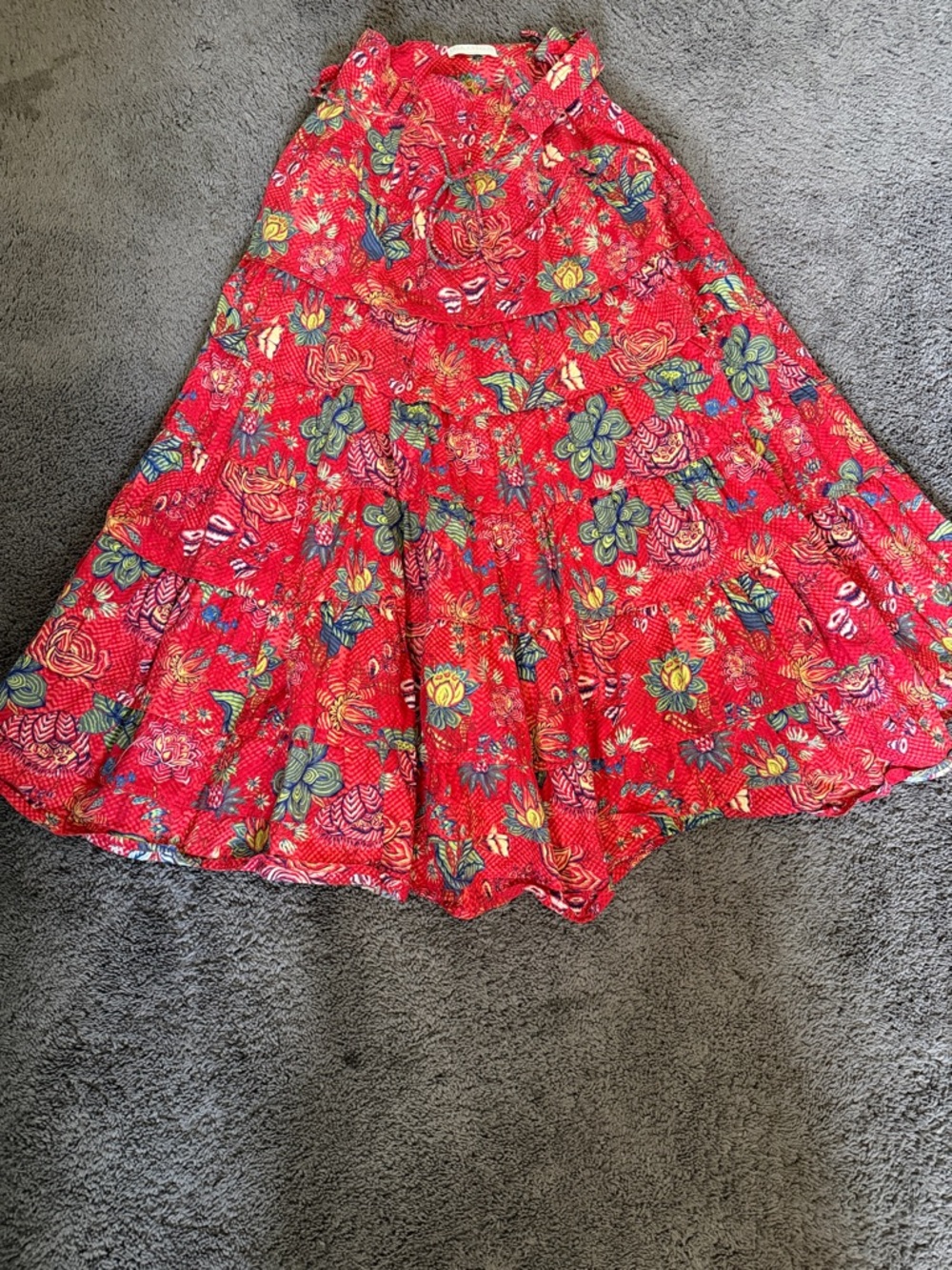 Ulla Johnson Red Floral Tiered A-Line Skirt with Multicolor Print